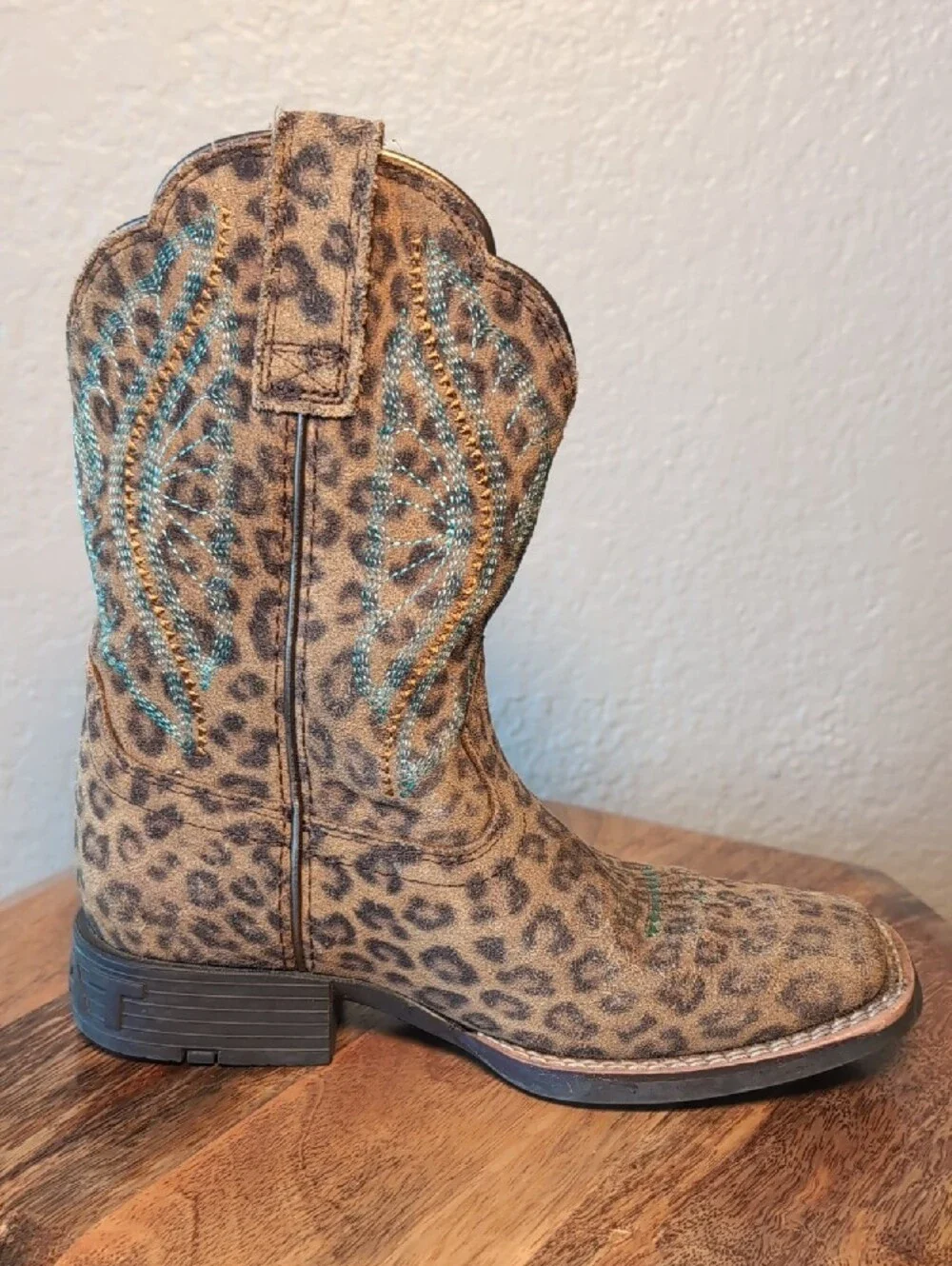 Kids Leopard Print Western Boots with Turquoise Stitching